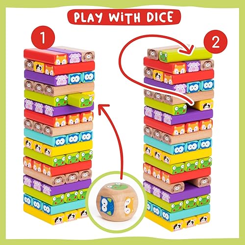 Miniatura 3 de Nene Toys Juego de torre de madera con animales y colores, juego de mesa educativo 4 en 1 para niños de 3 a 9 años, refuerzo de creatividad y