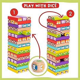 Nene Toys Wooden Tumble Tower Game with Animals & Colors, 4-in-1 Educational Family Board Game for Kids Ages 3-9, Creativity & Cognitive Skills Booster - Gift for Boys Girls 3+ Years
