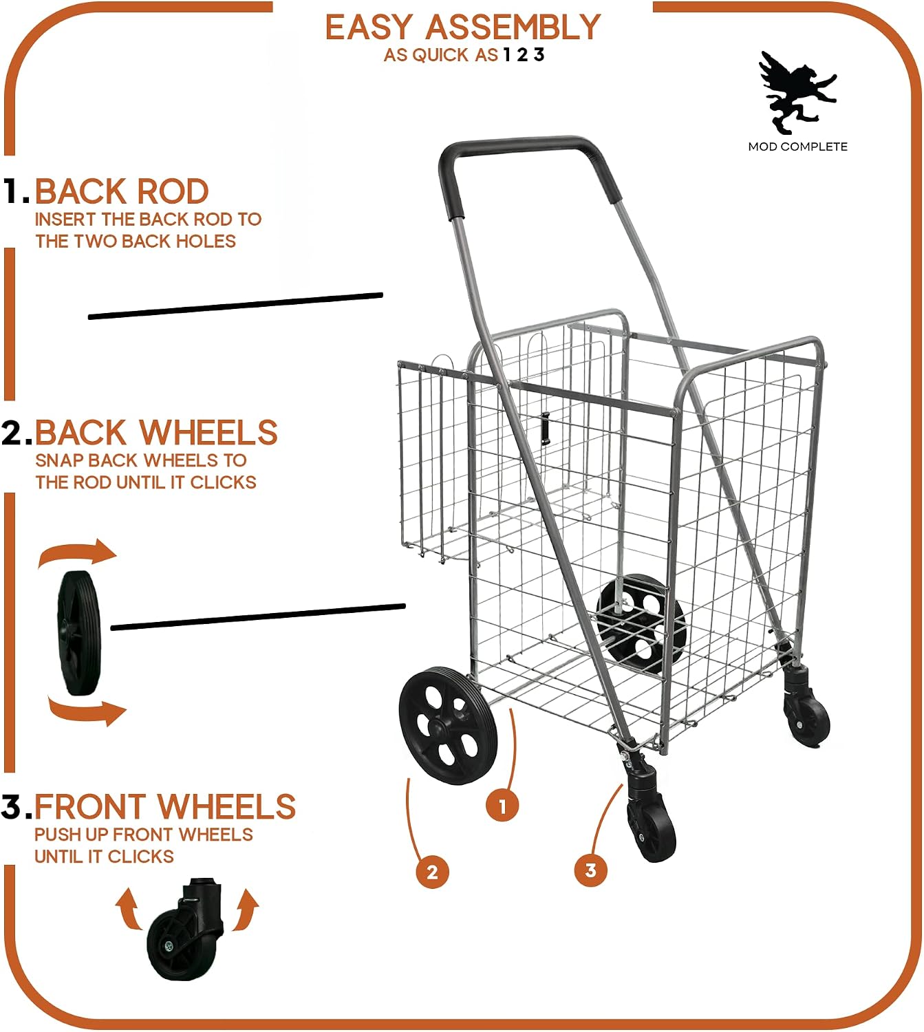 MOD Complete Folding Shopping Cart with Swivel Wheels and Double Basket, Large