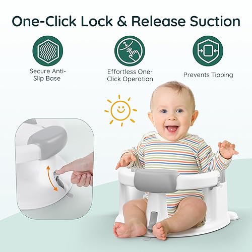 Miniatura 3 de Asiento de baño para bebé, con ventosas fuertes y soporte envolvente de 360, fácil liberación, cojín antideslizante, reposabrazos con bloqueo, silla