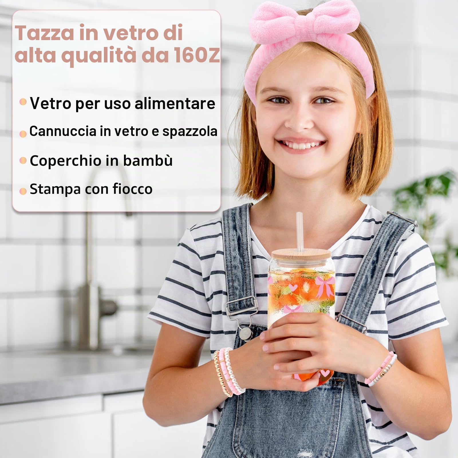 Regali per Ragazze Adolescenti di 8 9 10 11 12 13 14 15 anni, Regalo di Compleanno Pasqua per Ragazza Dagli 8 ai 15 Anni, Tazza di Vetro con Coperchio e Cannuccia, Tazza da Caffè con Stampa Fiocco