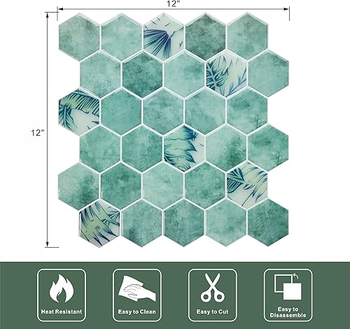 Miniatura 5 de YOFUN Azulejos de cocina de 10 hojas para despegar y pegar, azulejos hexagonales 3D verdes más gruesos para pegar en la pared de la cocina del baño,