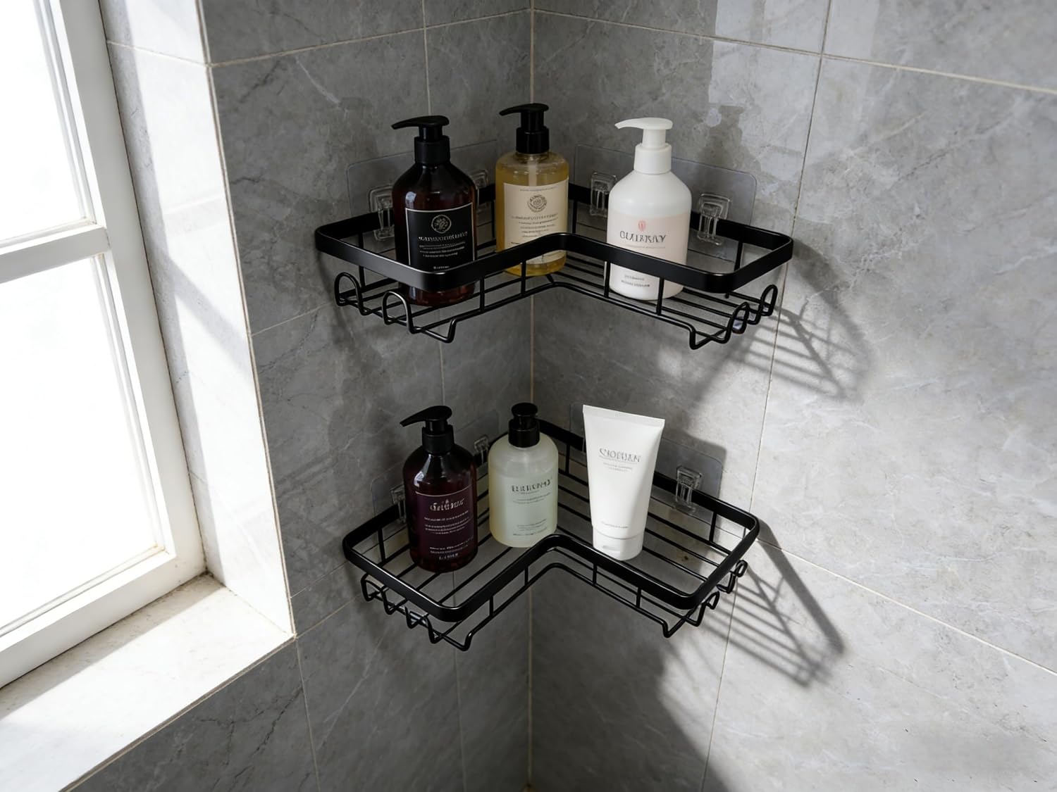 Shower Caddy 2 Pack, No Drilling Adhesive Bathroom Organizer Shelf Rack, Corner Shower Shelf with Hooks for Home Decor & Storage