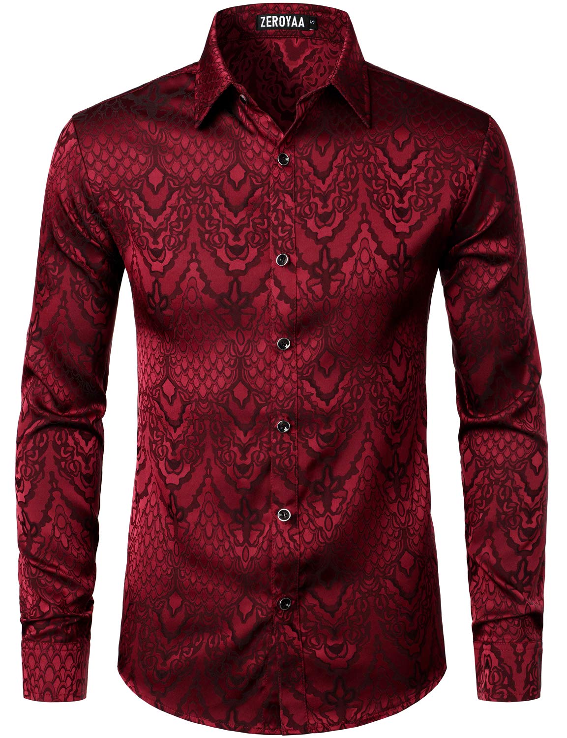 SASSAFRAS Men's Hipster Design Slim Fit Long Sleeve Jacquard Button Up Dress Shirts for Party Prom ZLCL32-Burgundy X-Large in burgundy