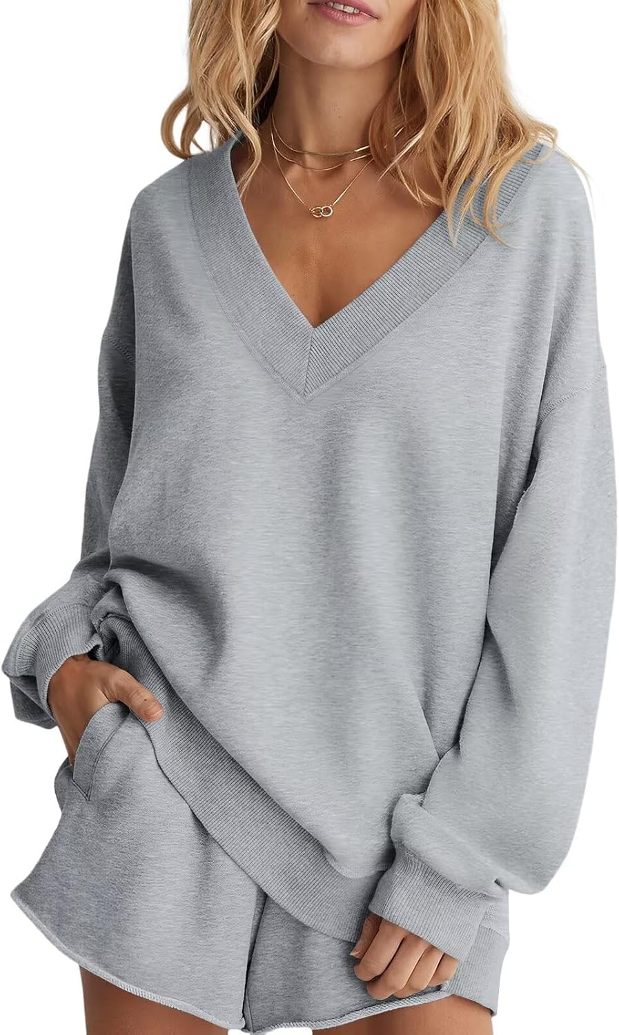 Womens Fleece Lined V Neck Sweatshirts Oversized Pullover Trendy Fashion Sweater Loose Fit Tops