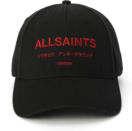 AllSaints Mens Underground Logo Washed Baseball Cap, Cotton Hat, Adjustable Strap, Curved Brim Black
