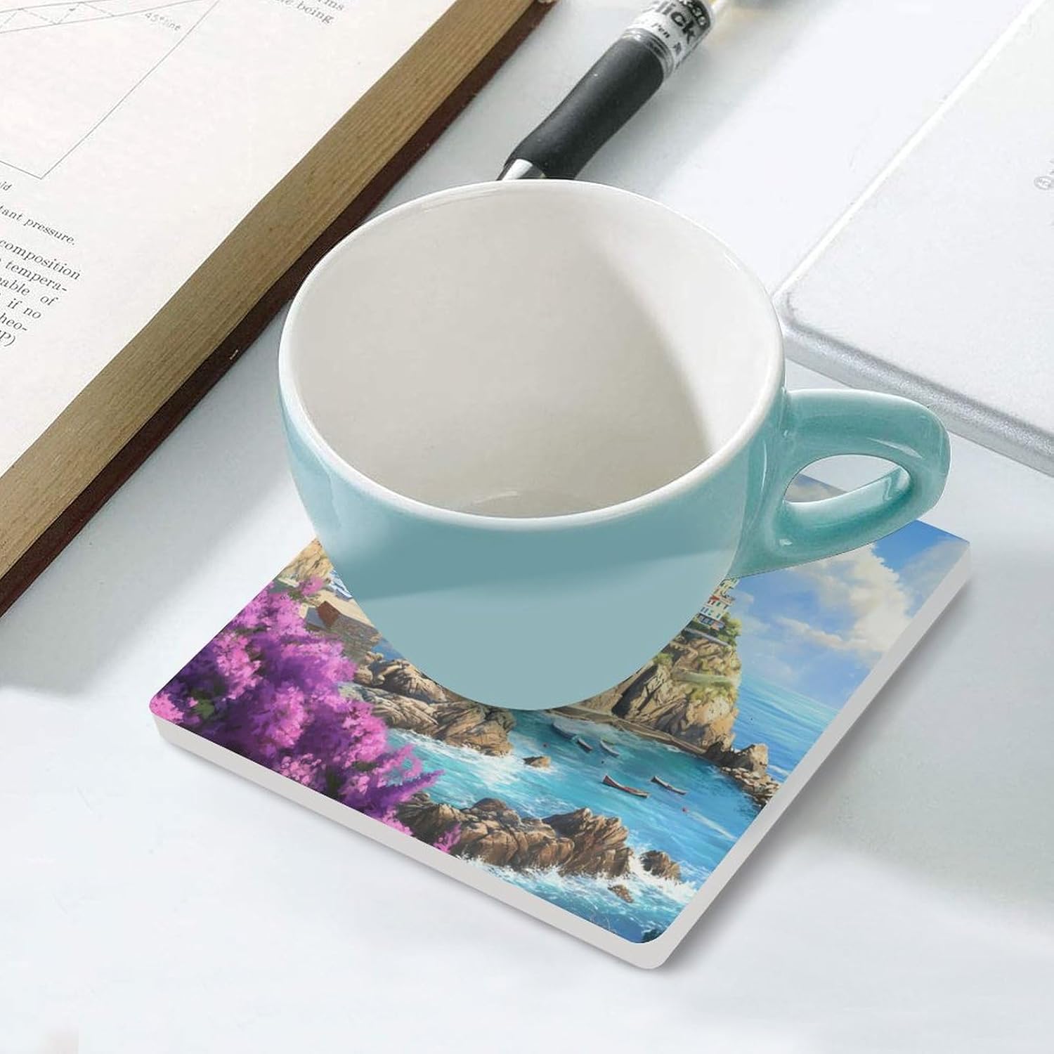 Italy Coast Cinque Terre Funny Ceramic Coasters for Drinks Absorbent Cup Holder Tabletop Protector with Cork Base