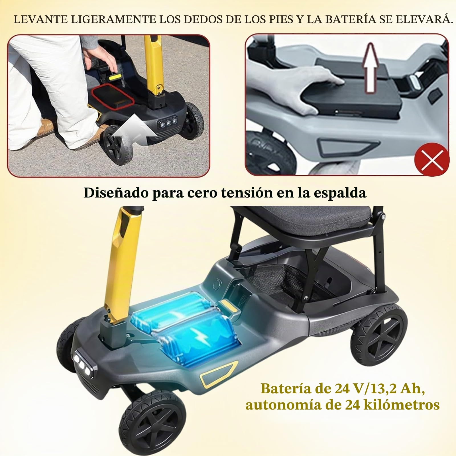 Patinete De Movilidad Plegable Portátil,Patinete De Movilidad Ligero De 4 Ruedas para Adultos,Cestas De Almacenamiento Delanteras Y Traseras,Peso Neto 17 Kg/37,4 LB A