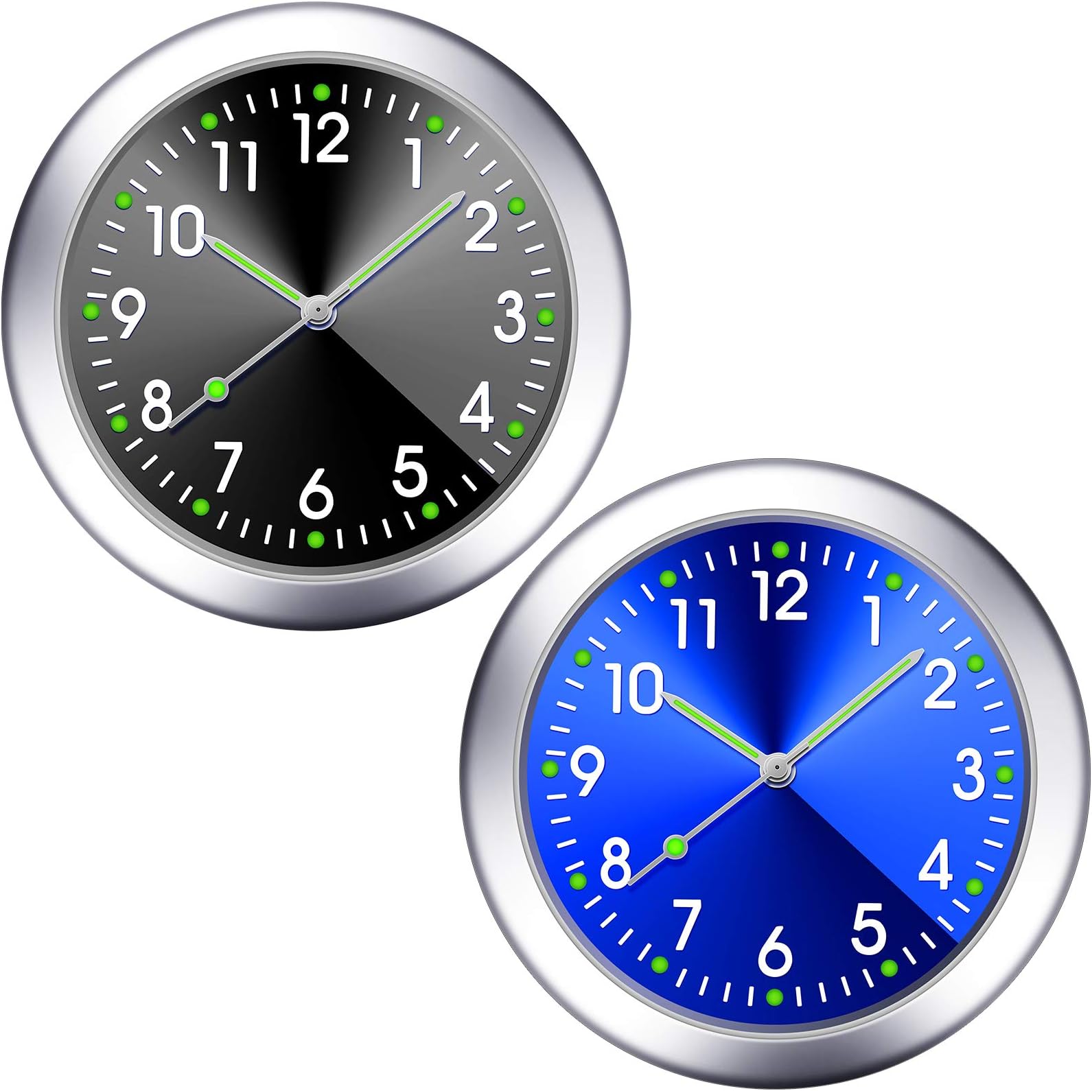 2 Pieces Stick on Dashboard Car Clock Mini Tiny Small Luminous Disposable Car Vent Clocks Watch for Dashboard Boat Bike Home(Black, Blue)