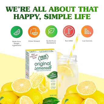 TRUE LEMON Original Lemonade Drink Mix | مصنوع من الليمون الحقيقي | لا مواد حافظة ، لا مواد تحلية اصطناعية ، خالية من الغلوتين | حزم نكهة الماء ومحسن الماء مع Stevia 30 Count ( حزمة من 1 )