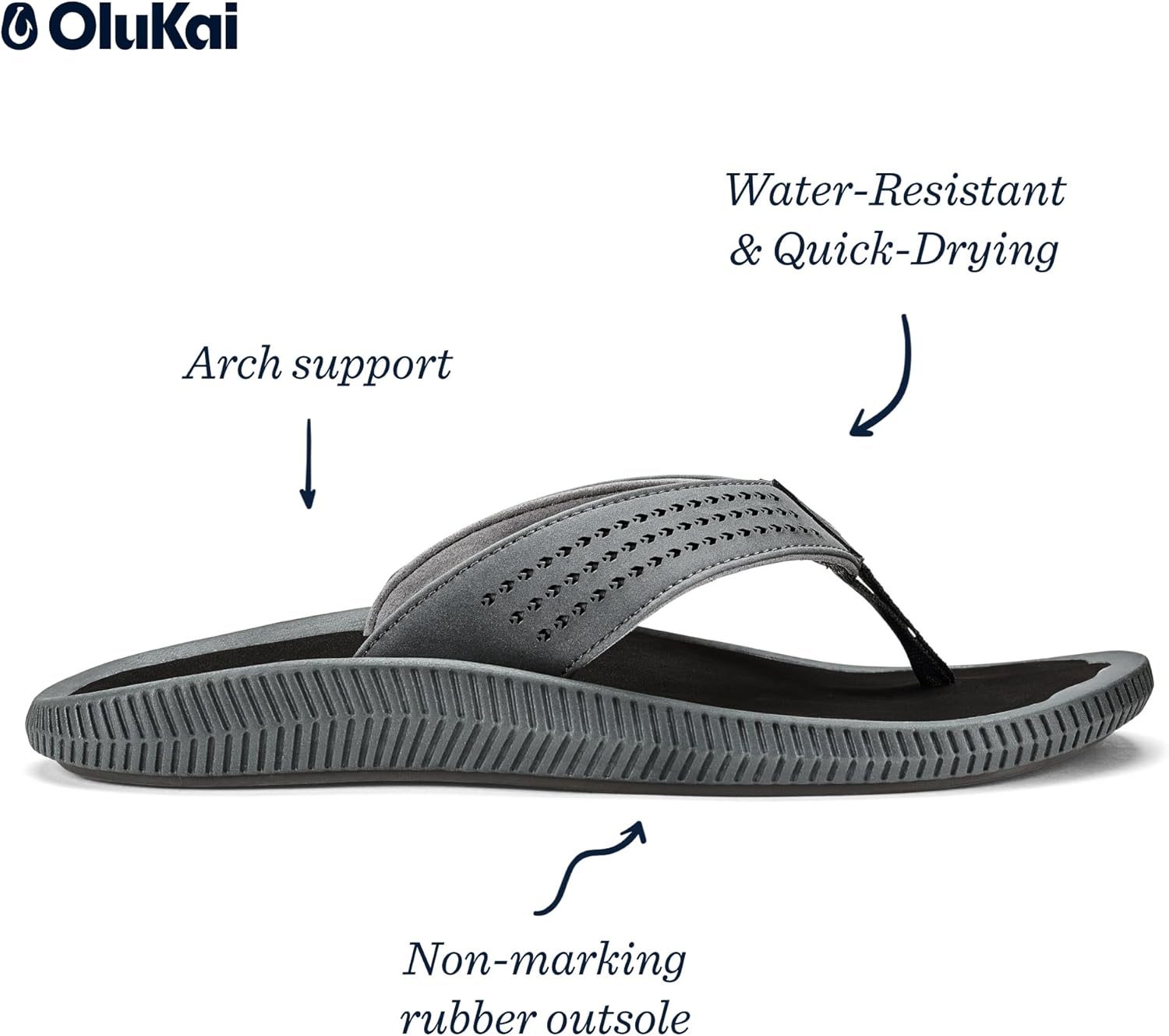 OLUKAI Ulele Men's Beach Sandals, Quick-Dry Flip-Flop Slides, Water Resistant Suede Lining & Wet Grip Soles, Soft Comfort Fit & Arch Support, Dk Shadow/Black, 11