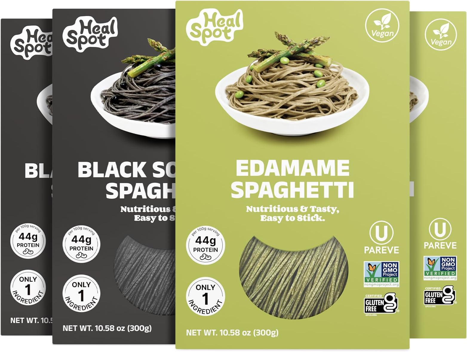 Healspot High Protein Organic Edamame Spaghetti & Black Bean Pasta, 44g Plant Based Protein, Low Carb, Gluten-Free, Vegan, Keto Friendly, Skinny Pasta & Healthy Eating โ Quick Cook Noodles, 4 Pack x 300g (10.58 oz)