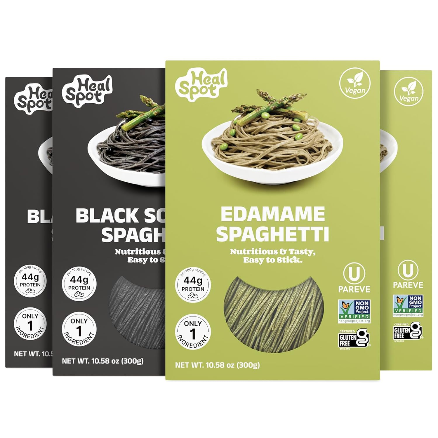 Healspot High Protein Organic Edamame Spaghetti & Black Bean Pasta, 44g Plant Based Protein, Low Carb, Gluten-Free, Vegan, Keto Friendly, Skinny Pasta & Healthy Eating – Quick Cook Noodles, 4 Pack x 300g (10.58 oz)