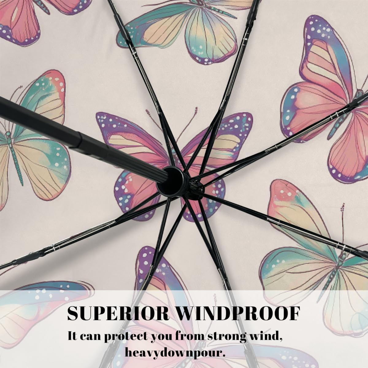Retro Butterfly Painting Folding Umbrella Windproof Compact Lightweight Travel Umbrella with 8 Reinforced Ribs, Portable UV Sun & Rain Protection for Men & Women