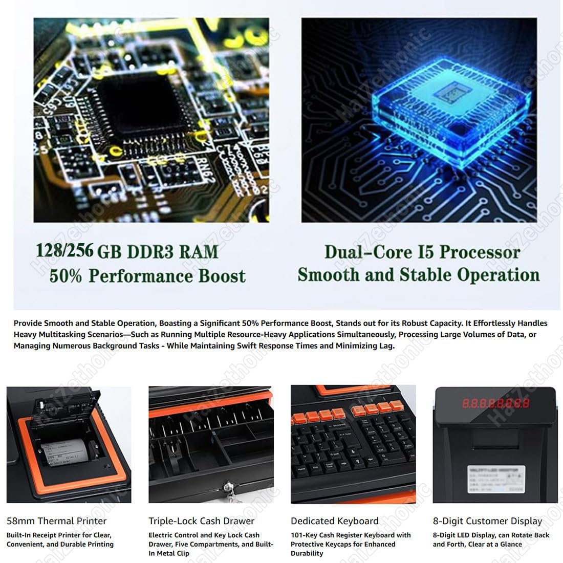 Registratore Cassa Commerciale,Registratore Cassa Elettronico per Vendita Dettaglio,101 Tasti Tastiera Rialzata Cassetta per Scontrini con Chiave,58mm Stampanti per Scontrini Dual-256GB