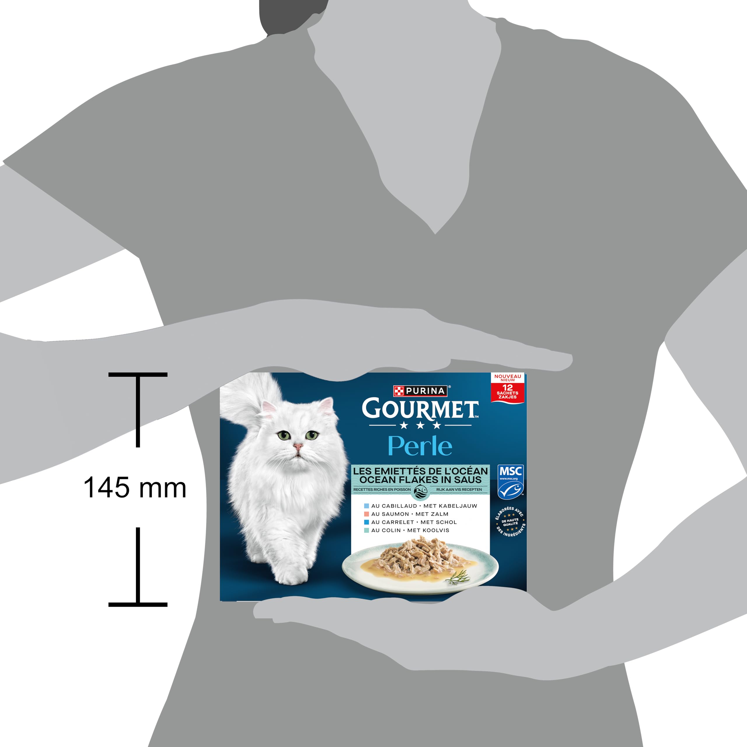 GOURMET | Perle | Les Emiettés de l'Océan | Aliment Humide Complet pour Chat Adulte| Au Poisson certifié de l'écolabel MSC : Saumon, Colin, Carrelet, Cabillaud | Sachets Fraîcheur | 12 x 85g