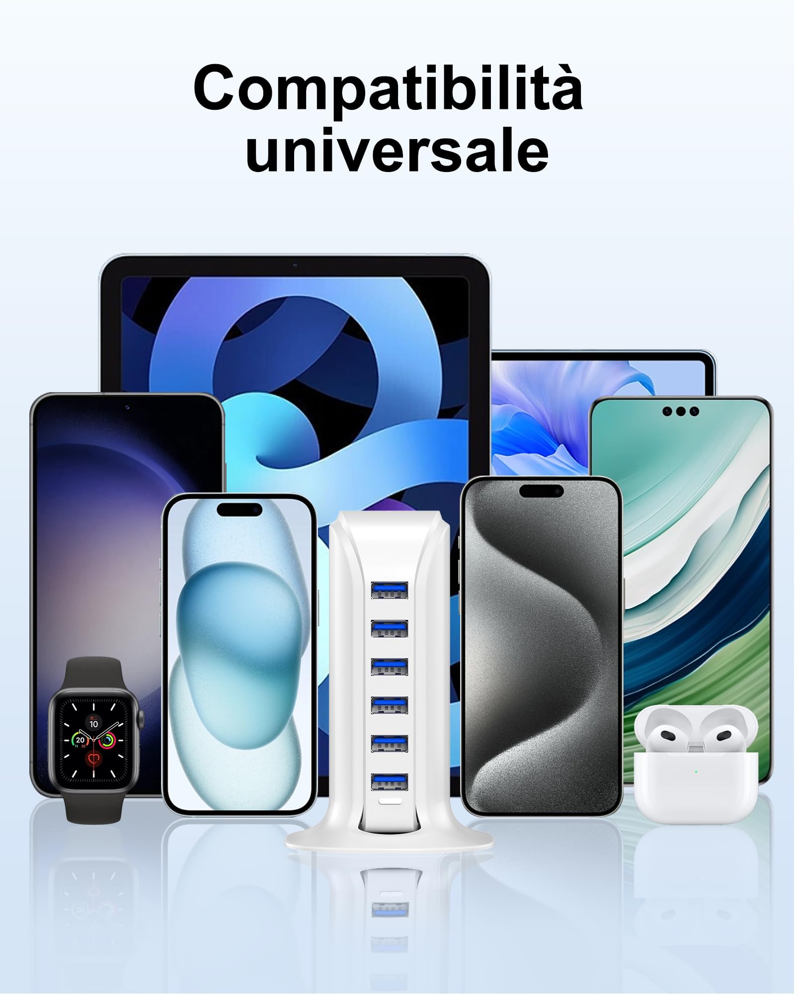 WUKUR Caricatore USB Multiplo,Stazione di Ricarica 6 Porte USB da Tavolo Caricabatterie da muro per cellulari per iPhone/iPad/Samsung/Huawei/HTC/LG/Nexus/Nokia/Motorola (25W Bianco)