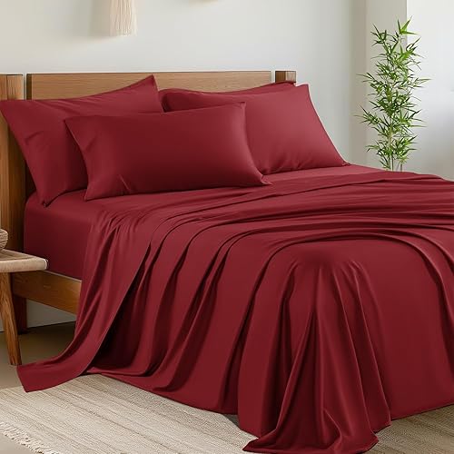 Shilucheng Juego de sábanas de 6 piezas tamaño Queen, sábanas refrescantes, mezcla de rayón derivado de bambú, bolsillo profundo de hasta 16