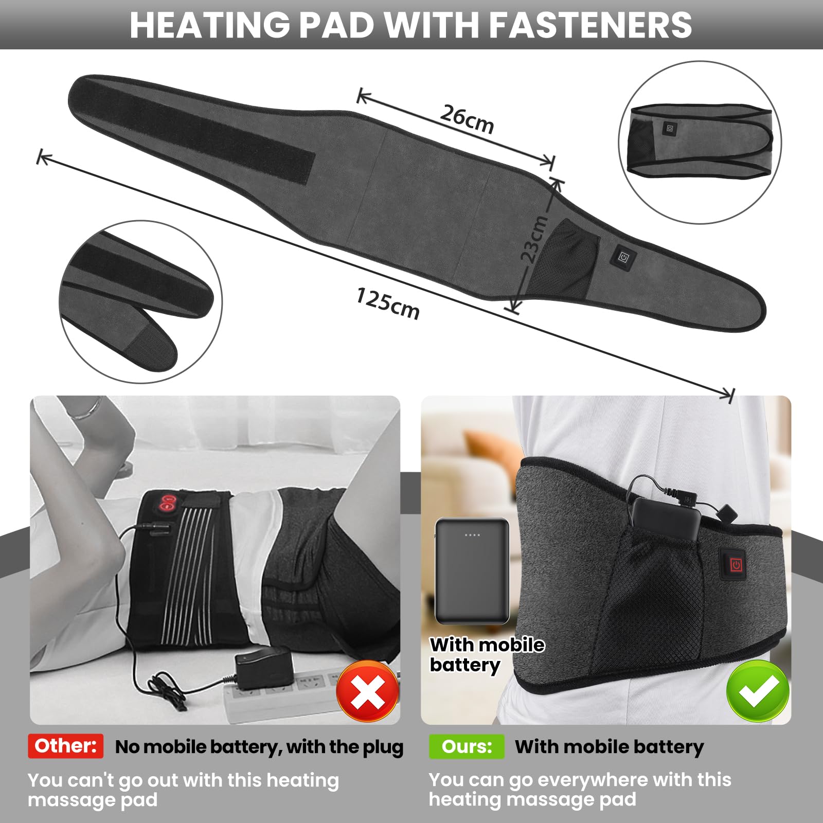 Arlierss Grafene Termoforo Elettrico con Batteria da 5000mAh, Termoforo Lombare con 3 Livelli di Temperatura, Cuscino Termico Elettrico con Spegnimento Automatico per Schiena, Pancia