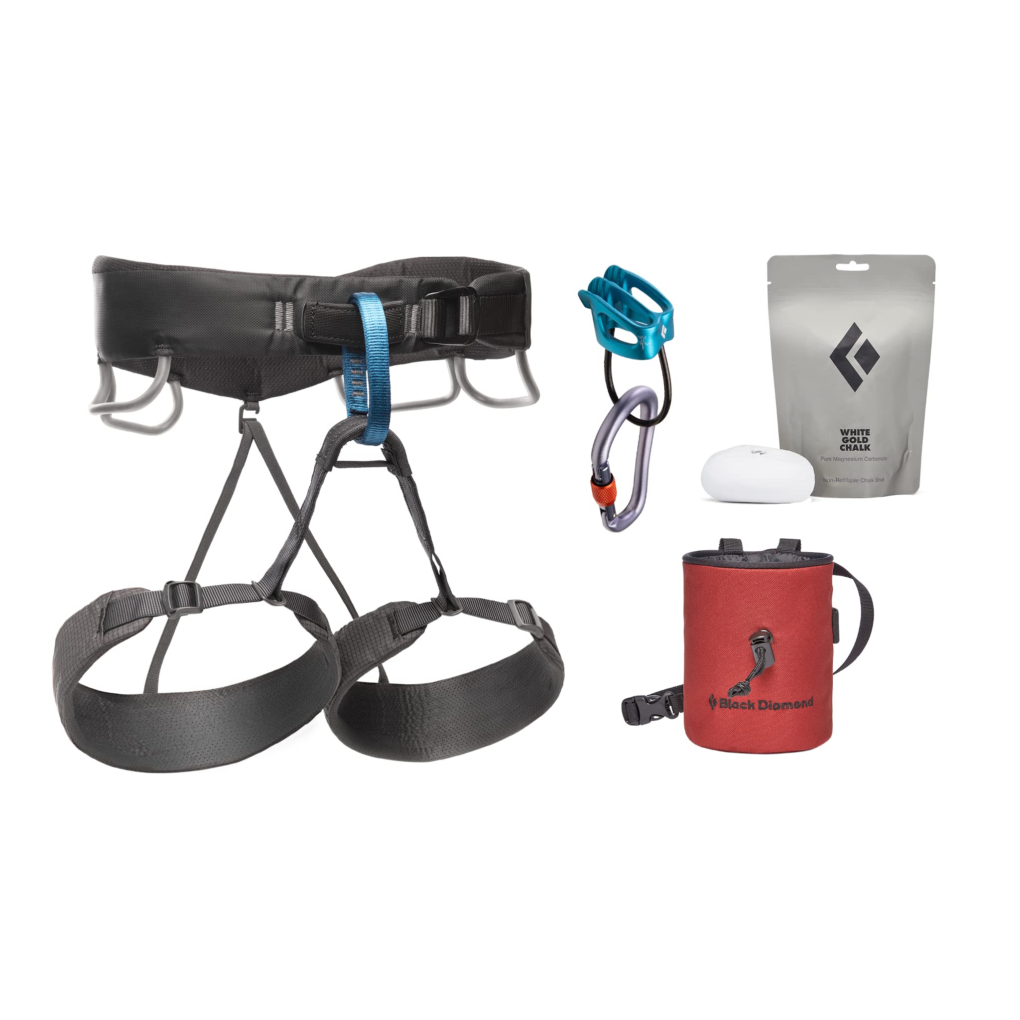 BLACK DIAMOND Men’s Momentum Climbing Harness Package | Harness, Belay Device, Locking Carabiner, Chalk Bag & Starter Gear