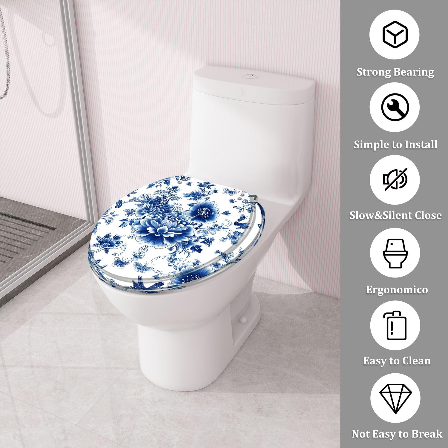 Asiento de inodoro redondo de resina con cierre suave y liberación rápida para baño.
