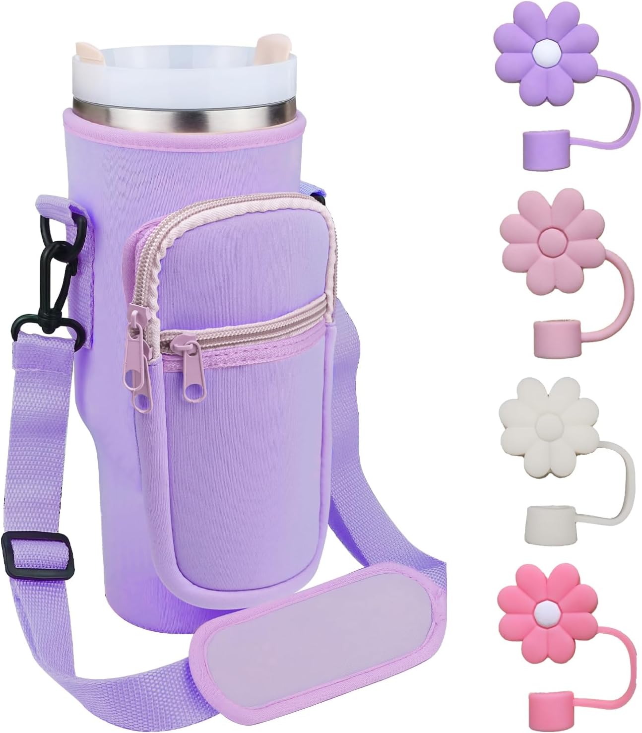Water Bottle Carrier Bag Bottle Bag for Stanley Cup 40oz Stanley Cup Holder with Strap Stanley Cup with 4Pcs Silicone Straw Cover Accessories for Stanley Cup for Walking, Travel, Purple