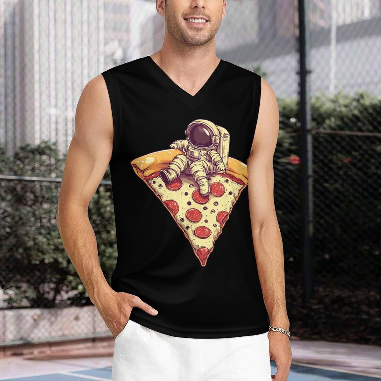 Astronaut Sausage Pizza Men's V-Neck Basketball Tank Top Sleeveless Workout Tank Shirts Gym Fitness Tees Vest