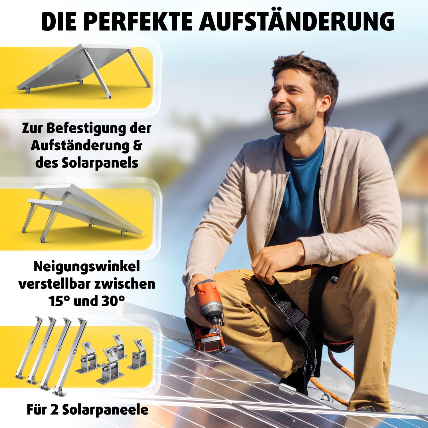 Avoltik 2x Solarpanel Halterung I Solarmodul-Halterung Balkonkraftwerk aus Aluminium I Solarmodul Aufständerung mit verstellbarem Winkel 15-30° für Dach, Balkon, Boden I Halterung für zwei Solarmodule