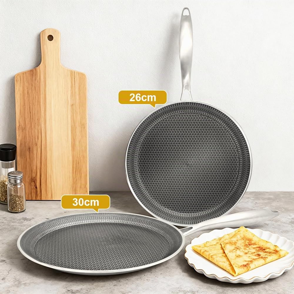 Crepe Pfanne aus Edelstahl 30 cm, Pfannkuchenpfanne mit Kratzfeste Antihaftbeschichtung, Induktions Kompatibel