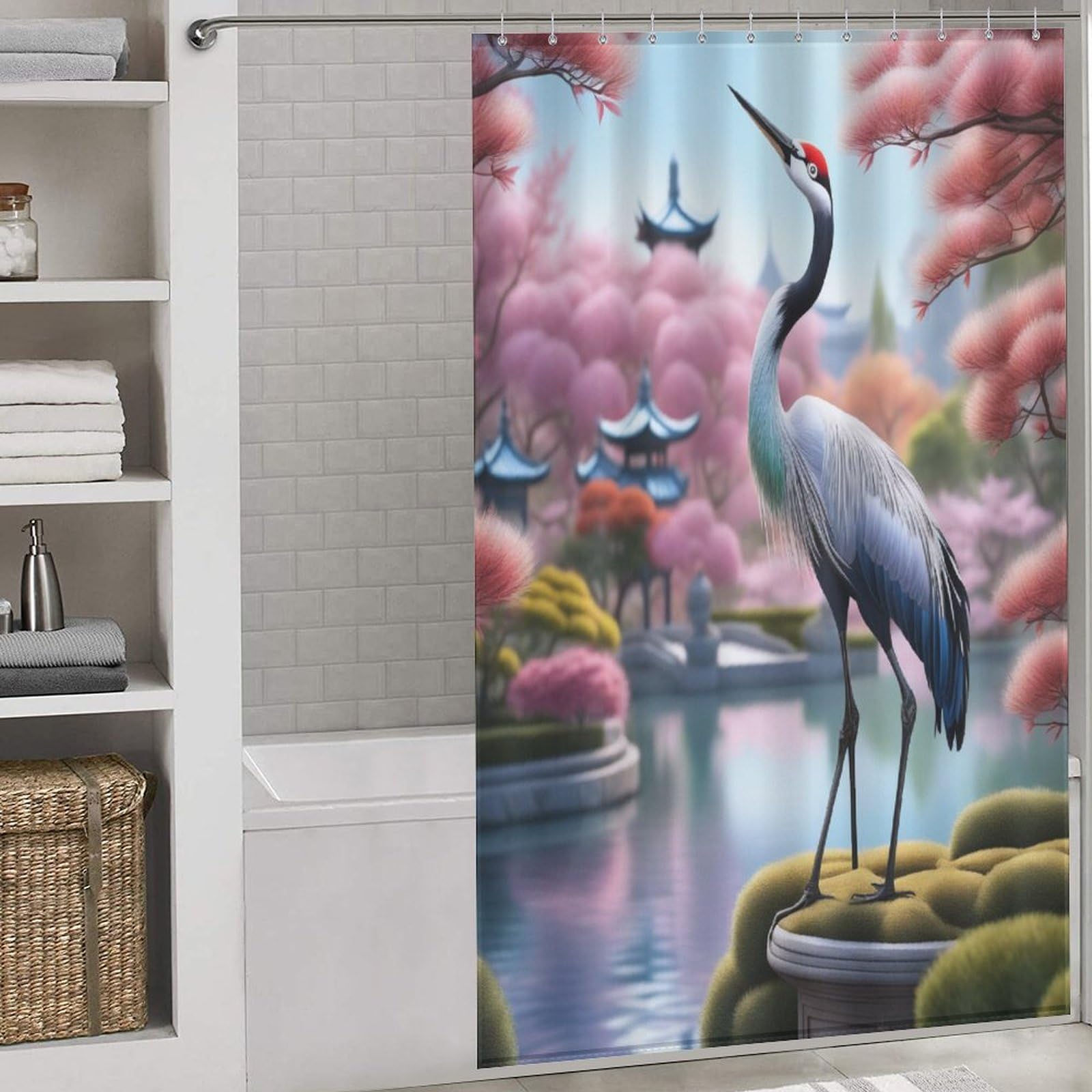 Rideau de douche en tissu haut de gamme imperméable imprimé Grue 140x183cm