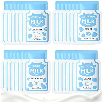 28 PCS Mini Travel Skincare Set, Includes Cleanser Essence Eye Cream Face Cream, Gentle Hydrating & Soothing get Smooth Soft Skin Daily & Travel Use,Mini Milk Face Care Kit for Teens & Women