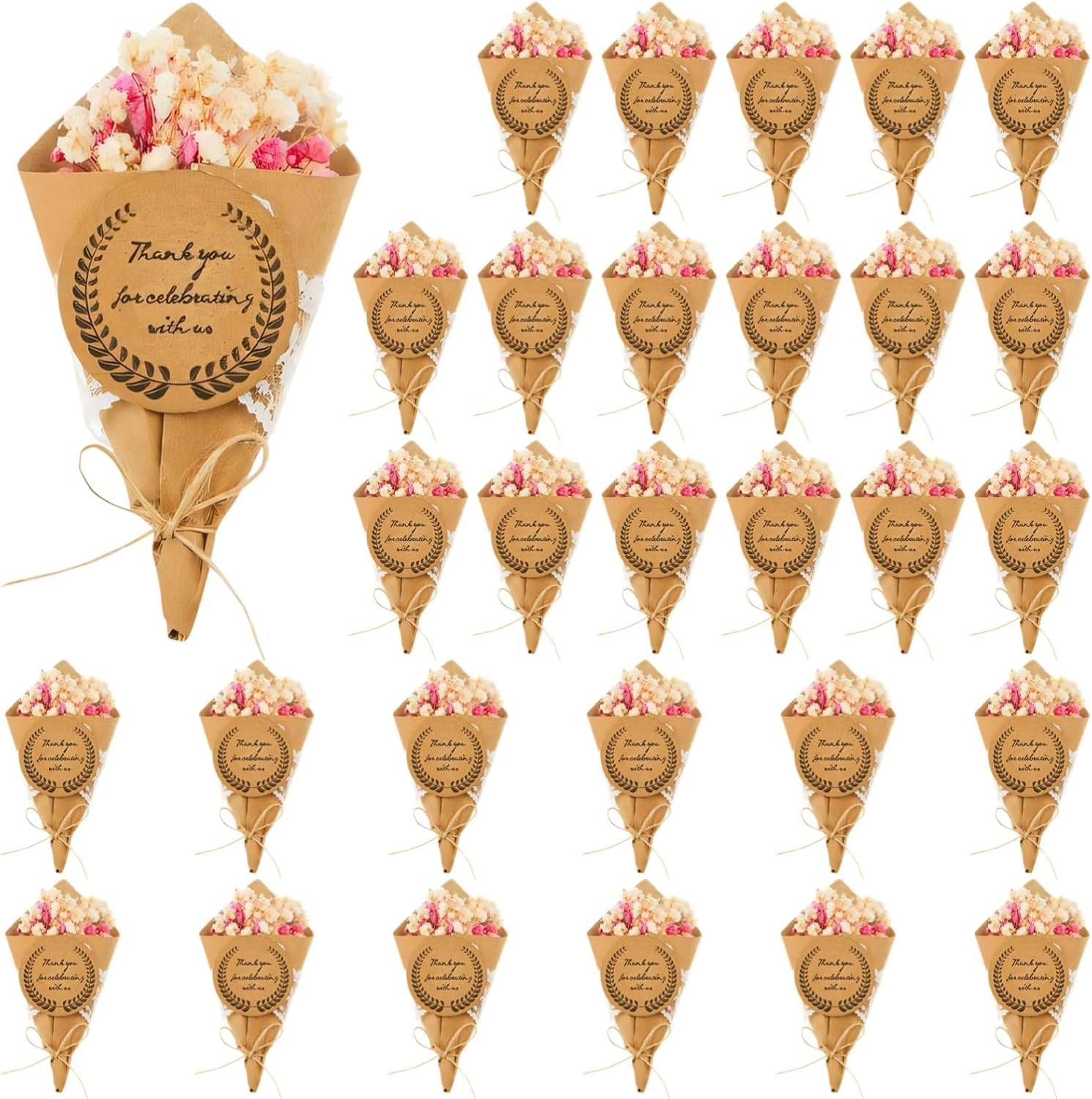 30 Pcs Mini Dried Flower Bouquet Fridge Magnets, Paper Cones with Thank You Messages, Natural Burlap Decoration, Ideal for Home Decor and Gifts