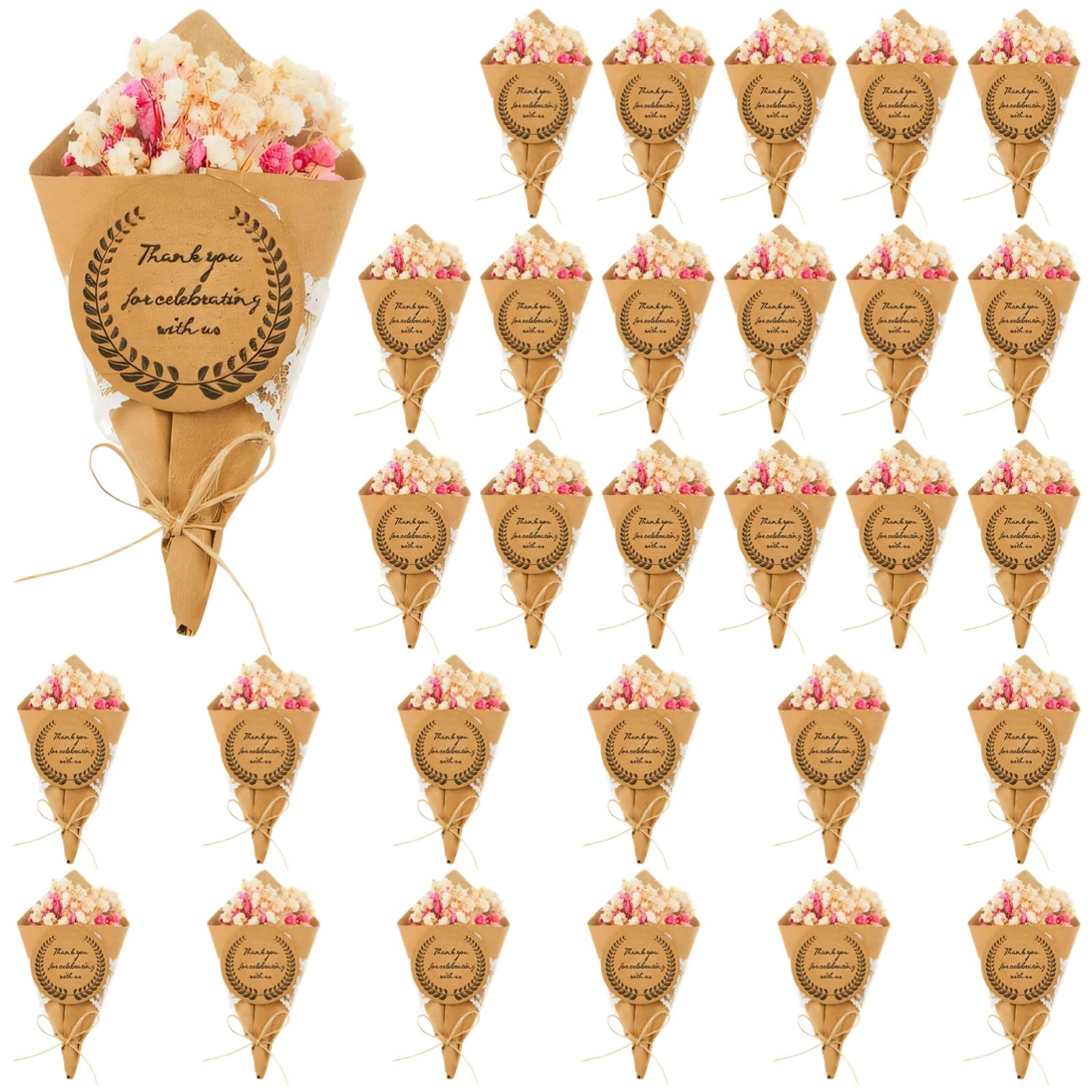 30 pièces Mini Bouquets de Fleurs séchées pour décoration de réfrigérateur, cônes en Papier avec Message Merci, décoration en Toile de Jute Naturelle, idéal pour la Maison et Les Cadeaux