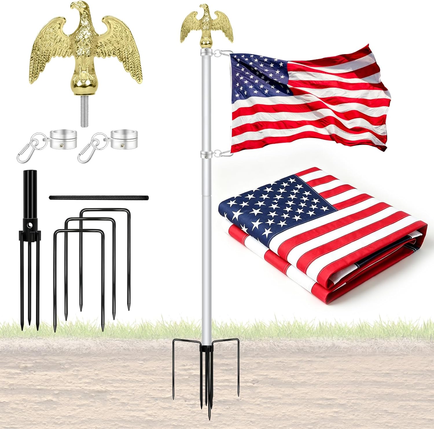 NQ 10FT Flag Pole for Outside House In-Ground, Aluminum Alloy Flagpole Kit Outdoor with Steel Ground Stake and Embroidered US Flag, for Residential Garden Yard Lawn