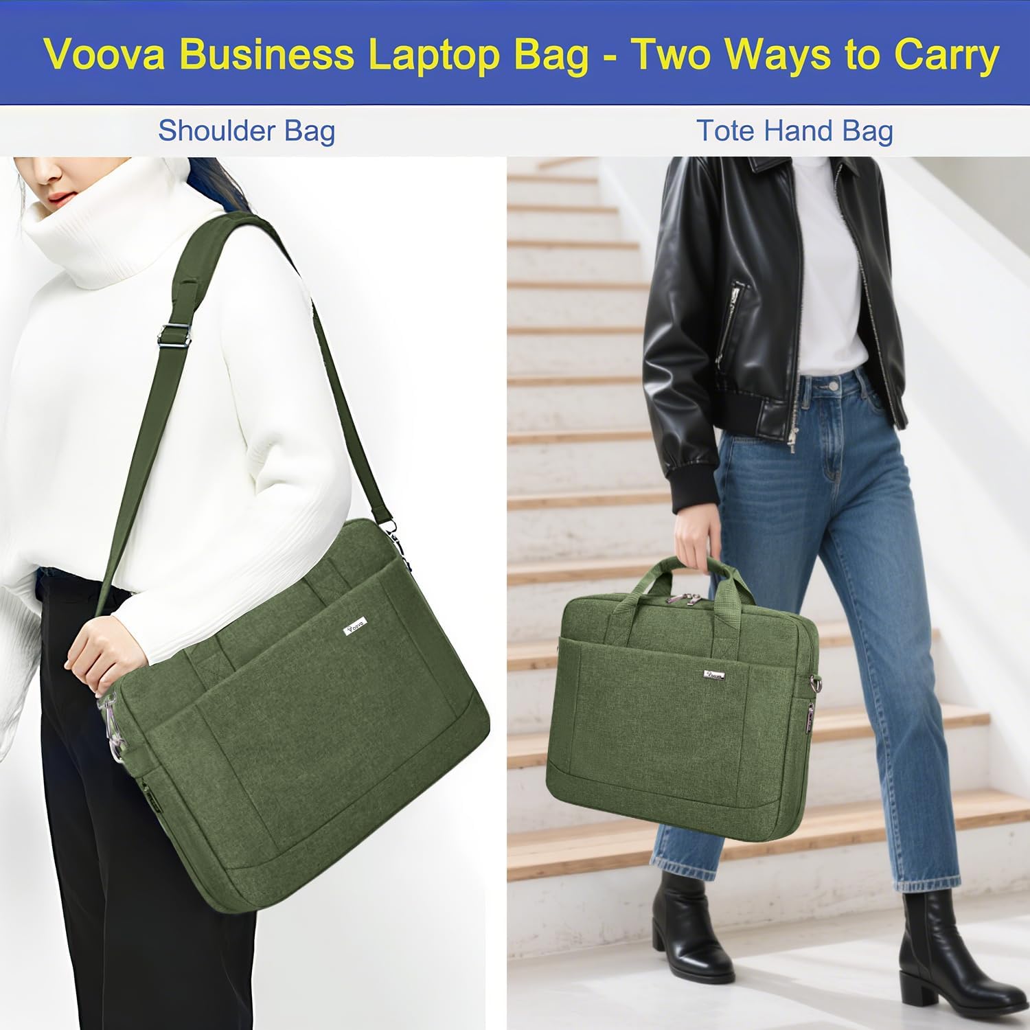 Voova Laptop Bag Case 15 15.6 16 Inch, Computer Sleeve Messenger Bag with Shoulder Strap Expandable Waterproof Business Briefcase for Men Women to Work Travel School, Fit 14-16 Inch Laptop, Army Green - Image 2