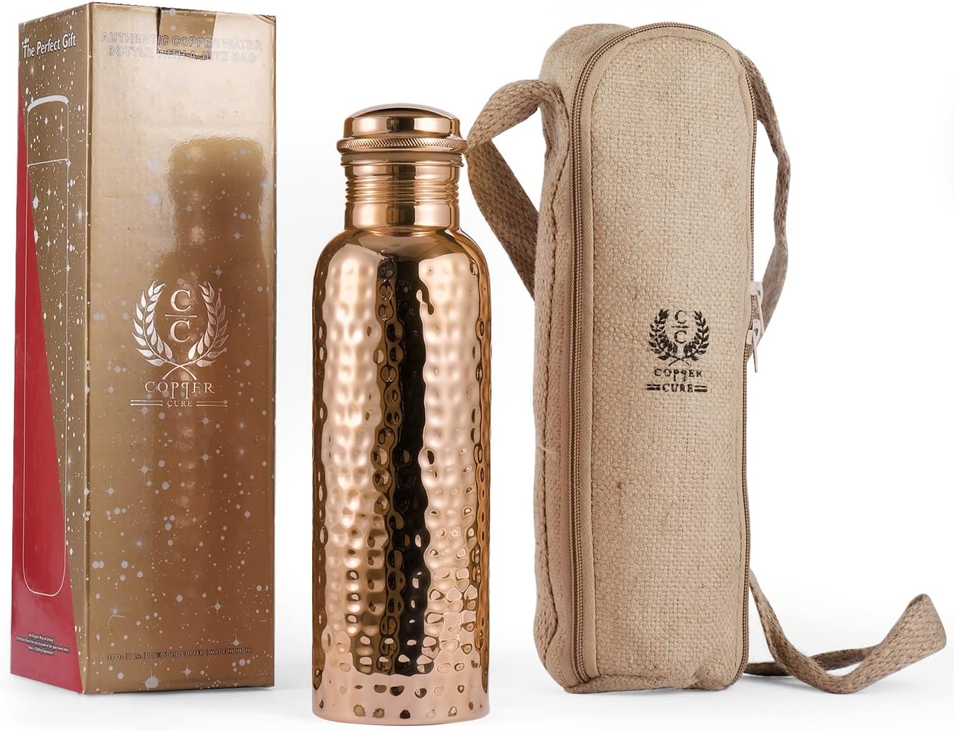 Copper Cure Pure Copper Water Bottle with an Exclusive Copper Cure Bottle Jute Bag- Solid Copper Handcrafted Hammered Bottle, Capacity 34 Oz/1000 ml Copper Bottle for Home, Office, Hotel and Gifting