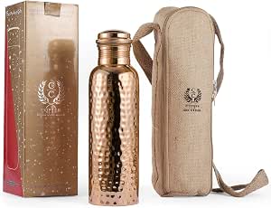 Copper Water Bottle with Jute Bag - 34 Oz Extra Large, Pure Copper Vessel for Drinking - Drink More Water - Copper Bottle for Health Benefits, Home, Office, Sports and Gifting