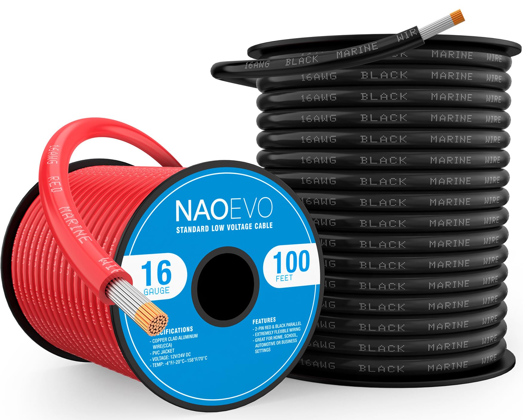 NAOEVO 16 Gauge Marine Wire, 16 AWG Tinned Copper PVC Marine Grade Wire, IP68 Waterproof/Corrosion-Resistant Electrical Cable for Boat RV, Automotive, Solar, Trolling Motor (100 ft Black + 100 ft Red)