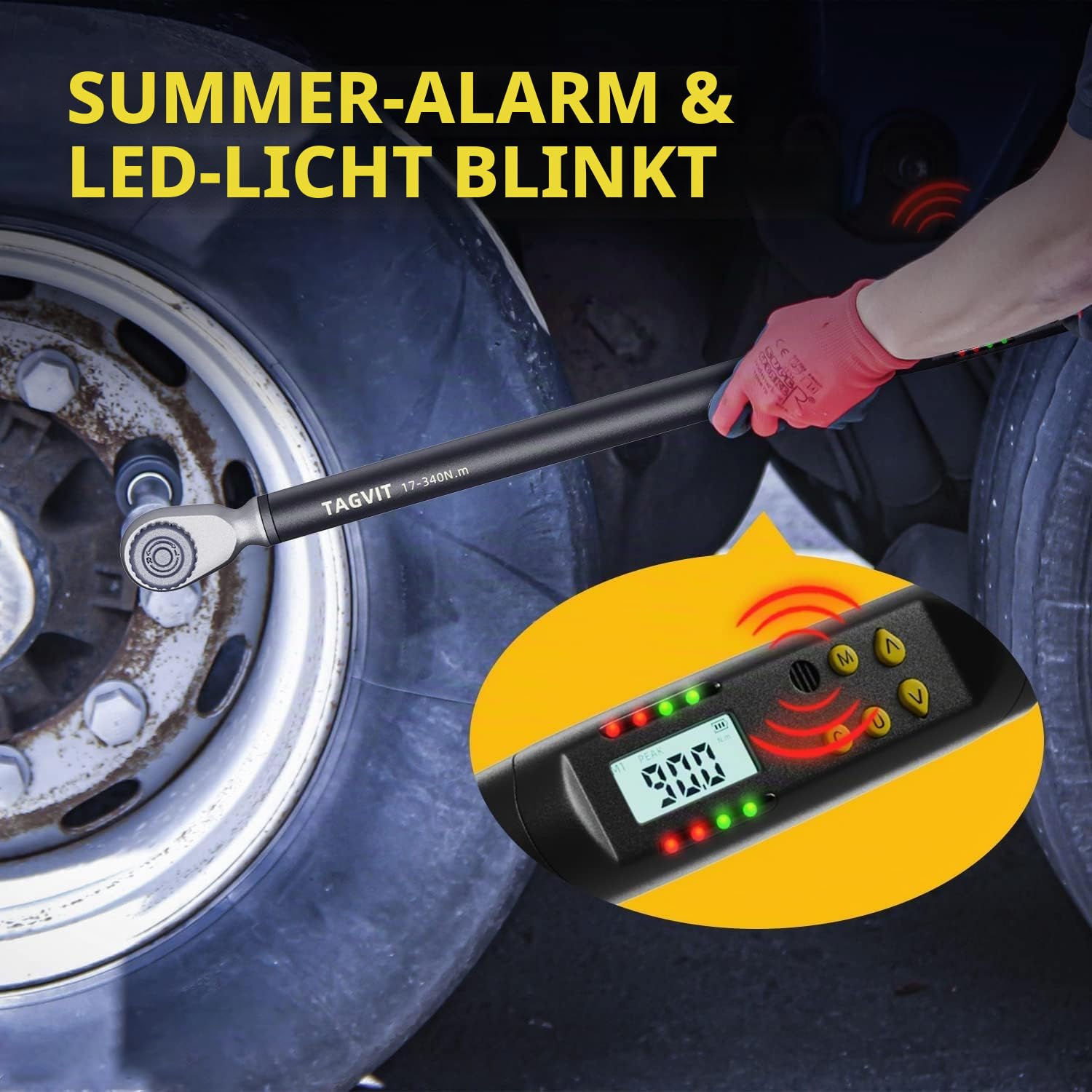 Digitaler Drehmomentschlüssel 1/2 Zoll, ± 2% Fehlergenauigkeit, 17-340 Nm Drehmomentschlüssel mit Summer und LED-Anzeige für Fahrrad Motorrad und Auto Reparatur