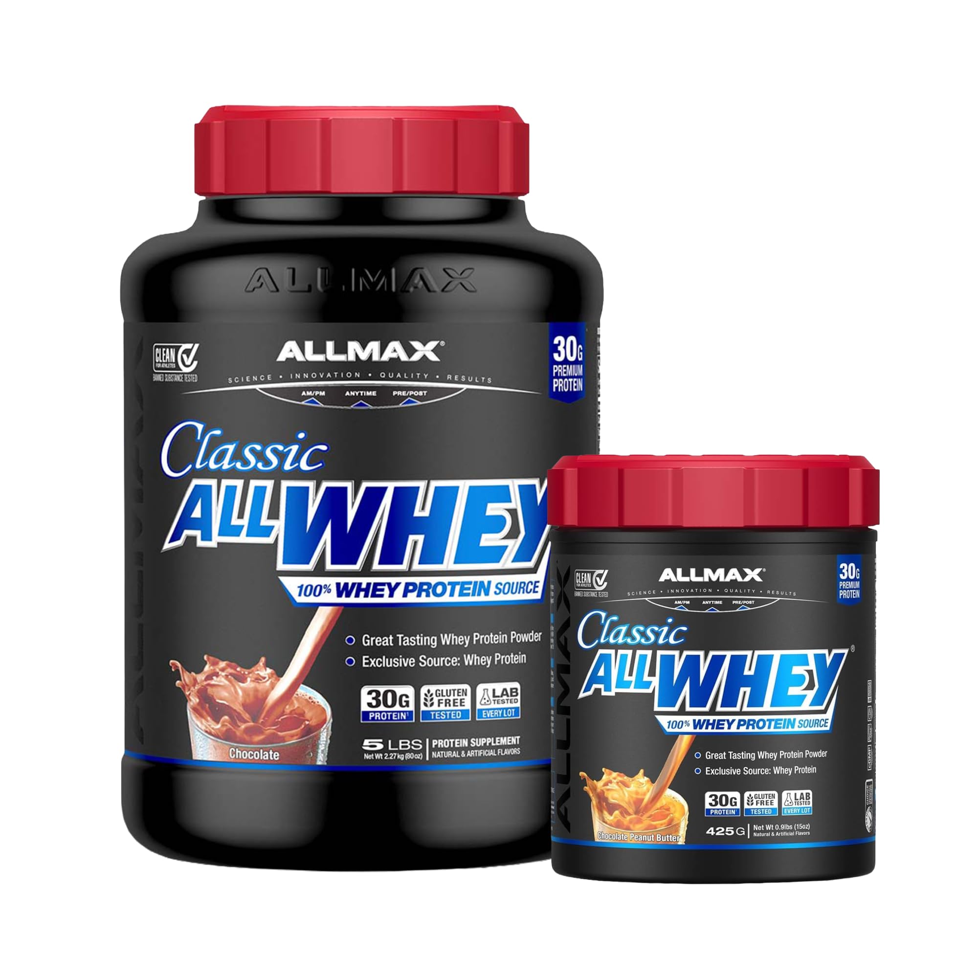ALLMAX AllWhey Classic Chocolate 5 lb and Chocolate Peanut Butter 0.9 lb Bundle, Gluten Free, Low Sugar, High Protein, Supports Muscle Recovery, Lean Muscle & P