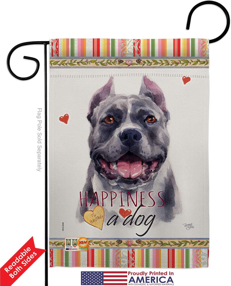 Black Pitbull Happiness Garden Flag Set Wall Holder Animals Dog Puppy Spoiled Paw Canine Fur Pet Nature Farm Animal Creature Small Decorative Gift Yard House Banner Double-Sided Made In USA 13 X 18.5
