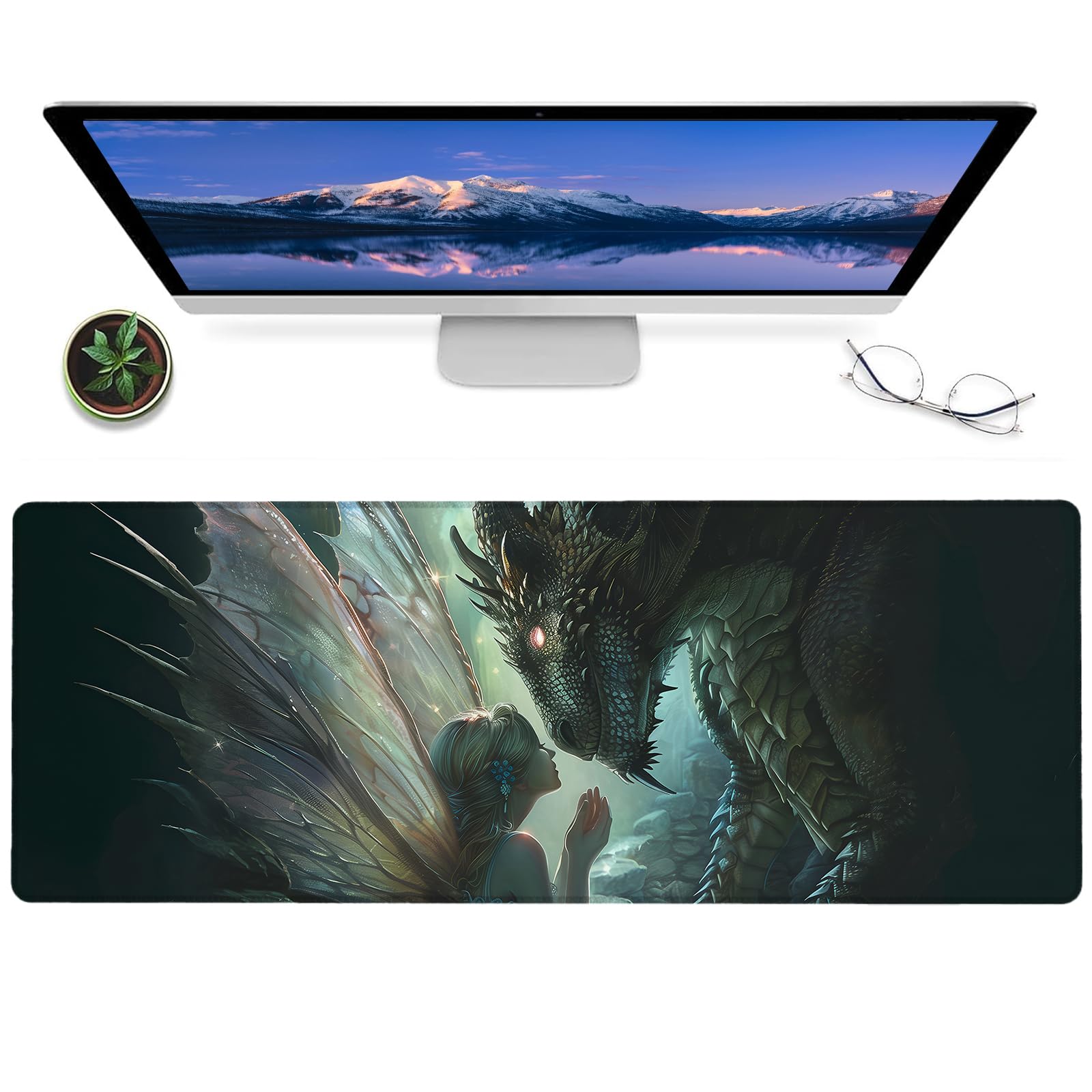 ainori Enchanted Fairy and Ancient Dragon Gaming Mouse Pad,12x31.5in Non-Slip Rubber Magical Desk Mat,Large Extended Fantasy Mousepad for Office Home Laptop,Mice Pads Gifts,Game Lover Deskmat Decor