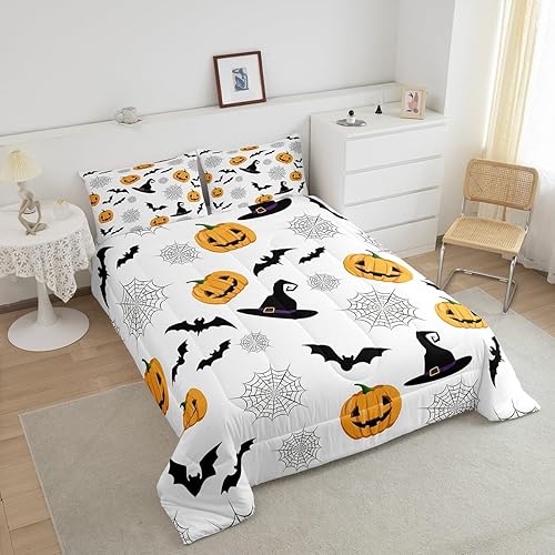 Miniatura 3 de Erosebridal Juego de ropa de cama de Halloween para niños, edredón de plumón de linterna de calabaza, gótico y espeluznante, juego de edredón de