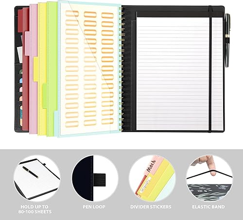 Vista 48 de Portapapeles con almacenamiento para hombres y mujeres, portafolio de cuero, 5 carpetas con 10 bolsillos, portapapeles en espiral con bloc de notas