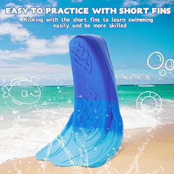 Kids Swim Training Fins, Comfortable Silicone Short Fins for Lap Swimming Flippers, Travel Size Flipper for Kids with Mesh Bag