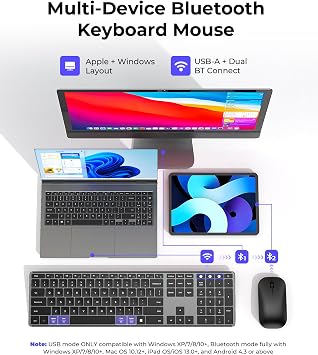 seenda Wireless Bluetooth Keyboard and Mouse Combo (USB + Dual BT), SKM64-3 Multi-Device Rechargeable Slim Keyboard and Mouse, Compatible for Win 7/8/10, MacBook Pro/Air, iPad, Tablet
