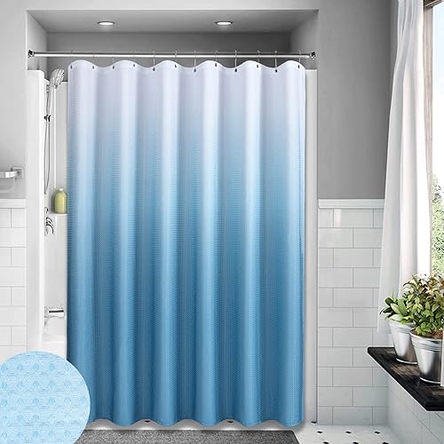 Miniatura 6 de Dynamene Cortina de ducha de tela azul  Cortinas de ducha resistentes con tejido de gofre degradado para baño, repelente al agua, juego de cortina