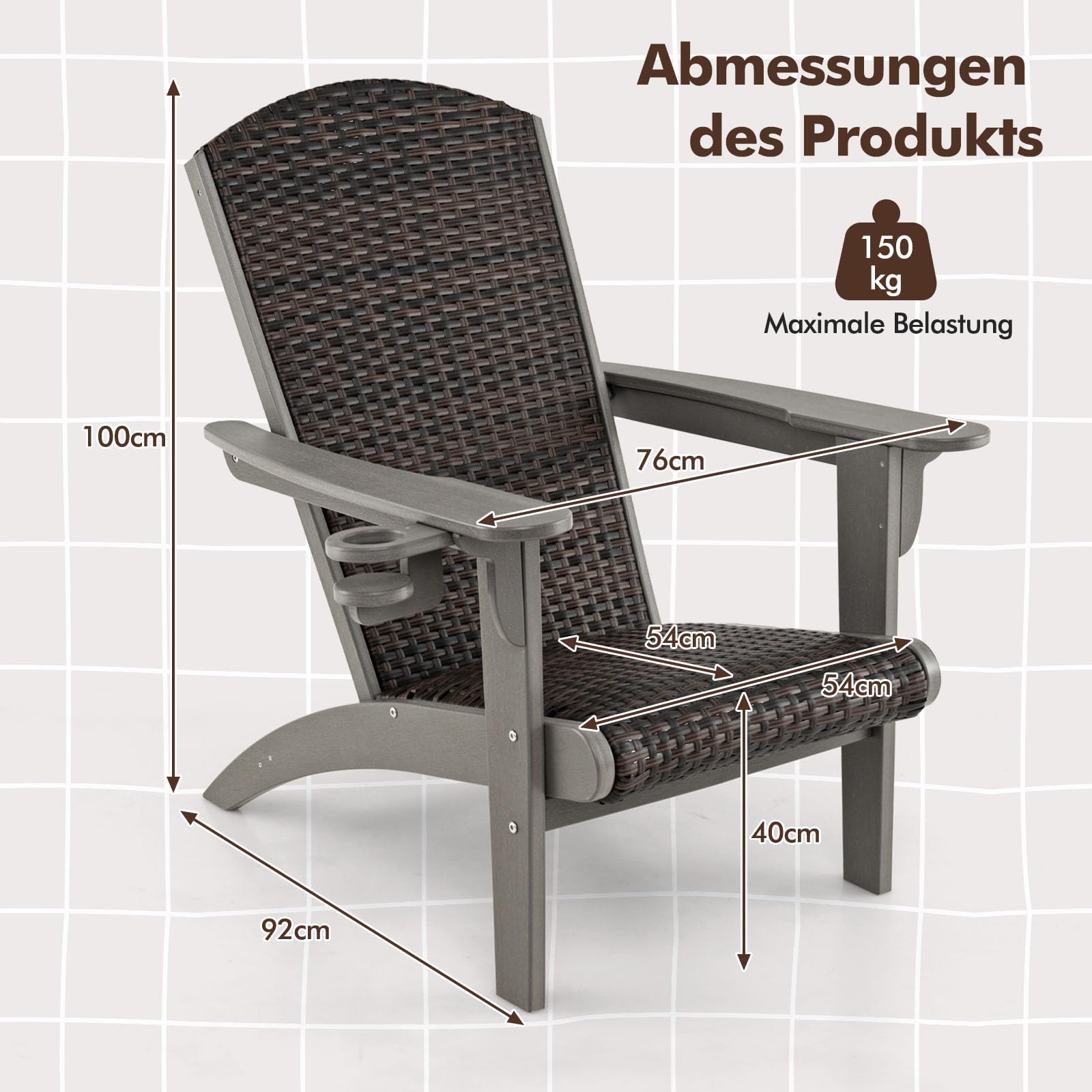 GYMAX Adirondack Stuhl wetterfest, Gartenstuhl mit mit Getränkehalter, Loungesessel mit geneigter Rückenlehne, Gartensessel aus Kunststoff & PE Rattan, für Terrasse & Balkon (Grau)
