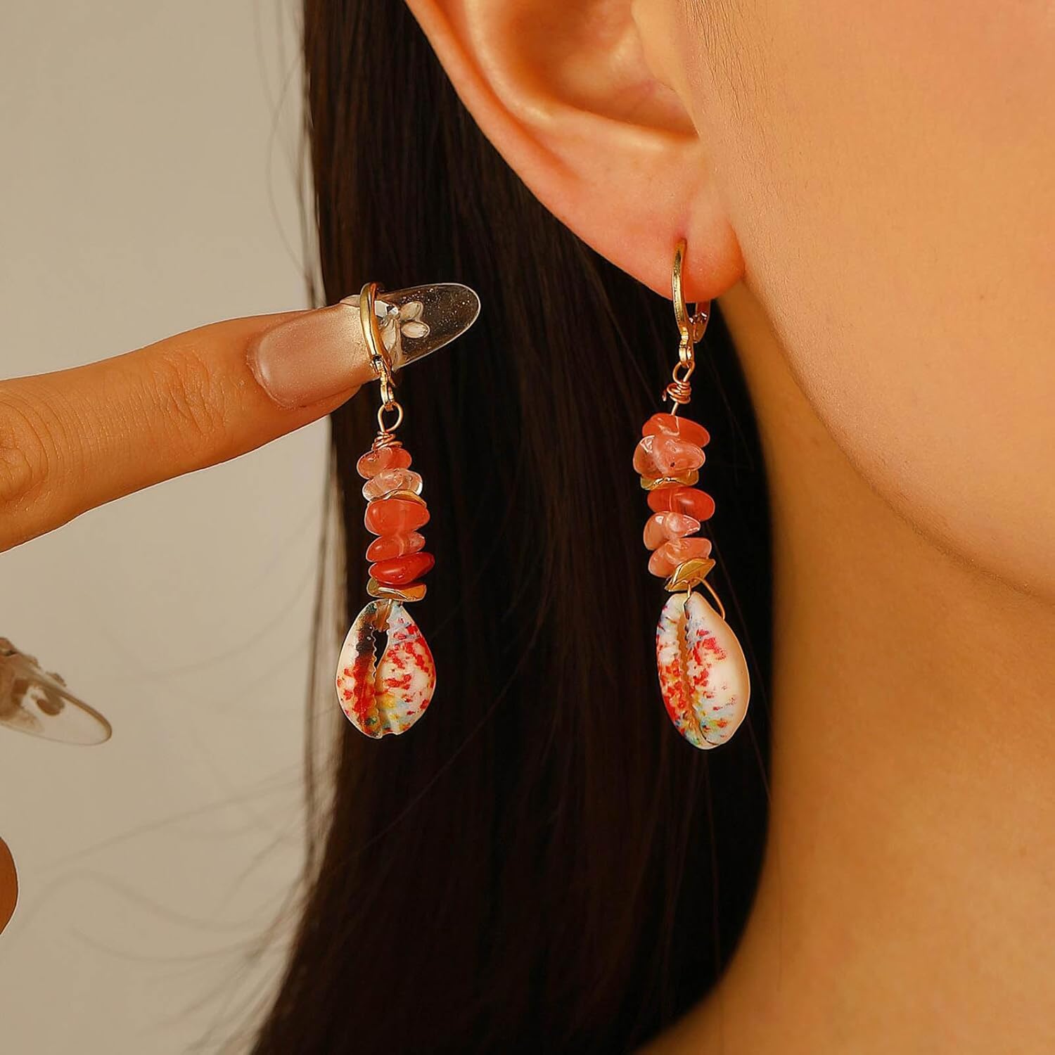 Andelaisi Boho Sea Shell Drop Earrings Vintage Cowrie Shell Dangle Earrings Natural Stone Earring Ocean Summer Beach Earring for Women(Gold) - Image 2