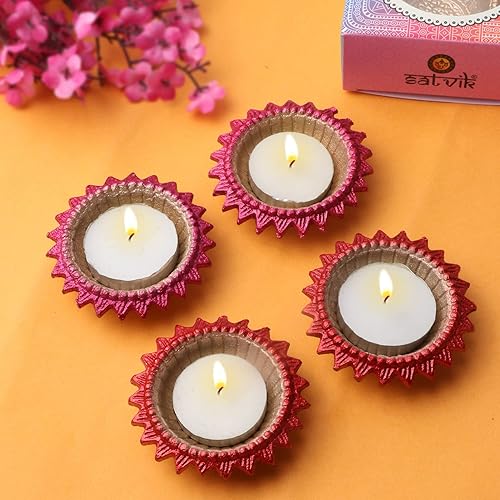 Vista 6 de SATVIK 4 piezas Multicolor Surya Metal Diya Floral Lotus Flower Shape Tea Light Holder Lámpara de aceite Navidad Interior Hogar Mandir Pujan Pooja